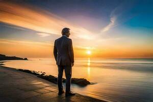 a man in a suit stands on the edge of a pier looking at the sunset. AI-Generated photo