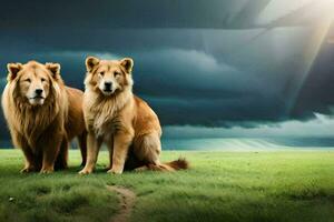 two lions sitting on the grass in front of a storm. AI-Generated photo