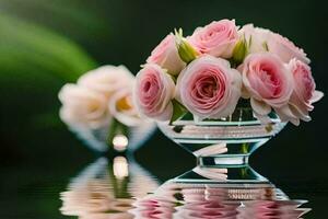 pink roses in a glass vase on a table. AI-Generated photo