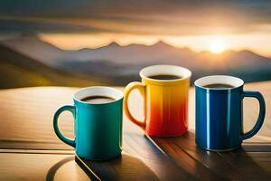 two coffee cups on a wooden table with mountains in the background. AI-Generated photo