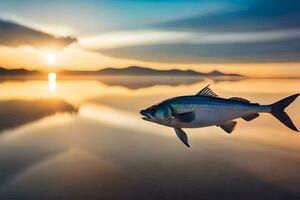 un pescado es volador terminado el agua a puesta de sol. generado por ai foto