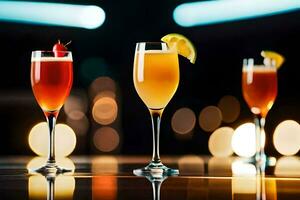 three glasses of different drinks on a table. AI-Generated photo