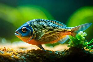 a fish with blue and yellow stripes is sitting on the ground. AI-Generated photo