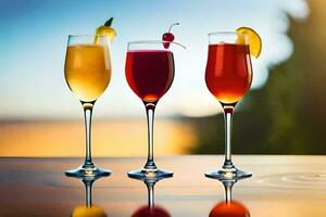 three glasses of different drinks on a table. AI-Generated photo