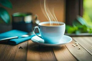 a cup of coffee on a wooden table. AI-Generated photo
