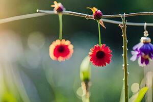 red flowers hanging from a branch in the sun. AI-Generated photo