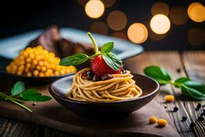 spaghetti with a strawberry and basil leaves. AI-Generated photo