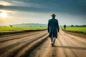 a man in a suit walks down a dirt road. AI-Generated photo
