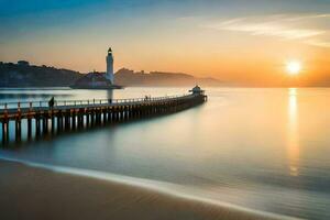 a long exposure photograph of a lighthouse on a pier. AI-Generated photo