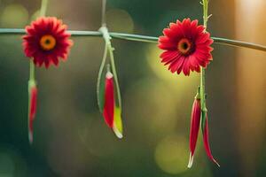 rojo flores colgando desde un cable. generado por ai foto