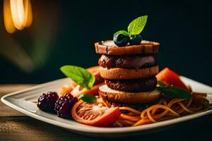 a plate of food with pasta, tomatoes, and berries. AI-Generated photo