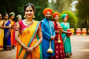 indian wedding party with colorful saris. AI-Generated photo