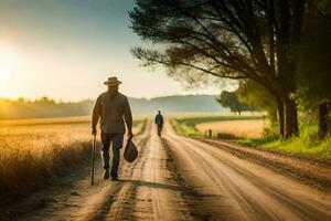 a man walking down a dirt road with a cane. AI-Generated photo