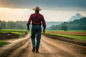 un hombre en un vaquero sombrero caminando abajo un suciedad la carretera. generado por ai foto