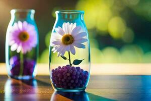 two vases with purple berries and a flower in them. AI-Generated photo