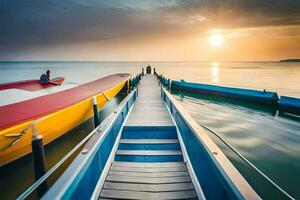 a dock with boats at sunset. AI-Generated photo