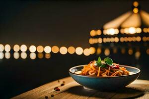 a bowl of pasta with a candle in the background. AI-Generated photo