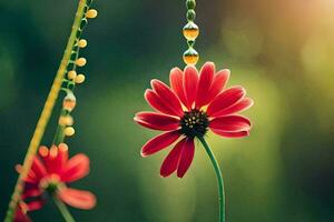 red flower with beads hanging from it. AI-Generated photo