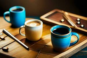 two cups of coffee on a tray. AI-Generated photo