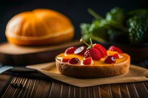 un pequeño pastel con Fruta en un de madera mesa. generado por ai foto