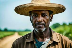 a man wearing a straw hat stands in a field. AI-Generated photo