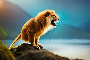 un león es en pie en un rock con sus boca abierto. generado por ai foto