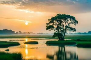 a tree stands in the middle of a marsh at sunset. AI-Generated photo