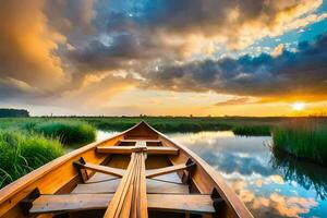 un barco en el río a puesta de sol. generado por ai foto