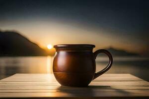 a coffee mug on a wooden table in front of the sunset. AI-Generated photo