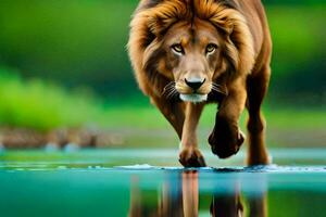 a lion walking across a pond. AI-Generated photo