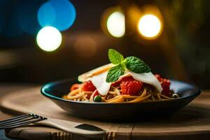 un plato de pasta con Tomates y queso en él. generado por ai foto