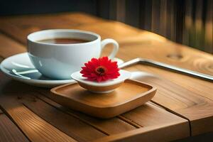 un taza de té y un flor en un de madera mesa. generado por ai foto