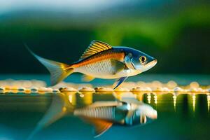 un pescado es en pie en el agua con un reflexión. generado por ai foto