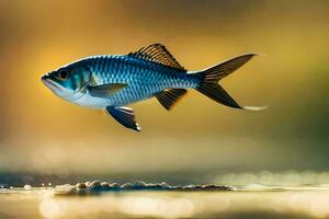 a fish is flying over water with a sun in the background. AI-Generated photo