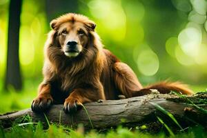 a lion sitting on a log in the forest. AI-Generated photo