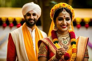 a beautiful bride and groom in traditional indian attire. AI-Generated photo