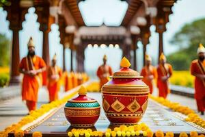 a group of people in orange robes are standing in front of a large vase. AI-Generated photo