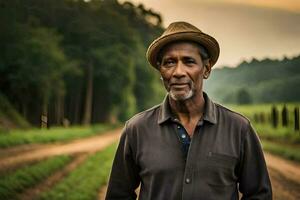 a man in a hat standing in a field. AI-Generated photo
