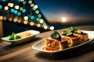 a plate of food with a view of the sydney harbour bridge. AI-Generated photo