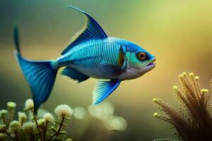 un azul pescado nadando en el océano. generado por ai foto