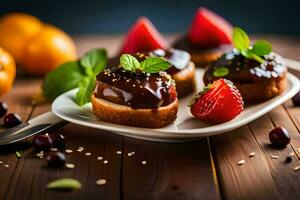 pequeño pasteles con chocolate y fresas en un lámina. generado por ai foto