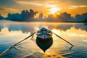 un barco en el agua a puesta de sol. generado por ai foto