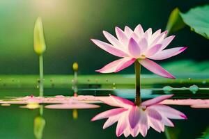 a pink lotus flower is reflected in the water. AI-Generated photo