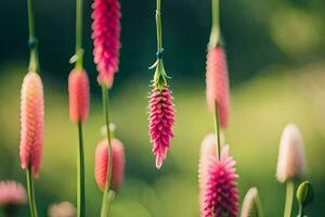 pink flowers are hanging from the stems of grass. AI-Generated photo