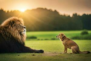 un león y un perro en el puesta de sol. generado por ai foto