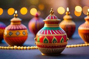 many colorful vases with candles on a table. AI-Generated photo