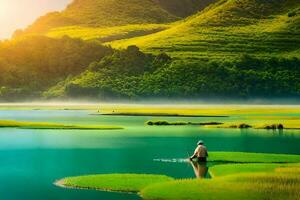 a man sits on a boat in the middle of a lake. AI-Generated photo