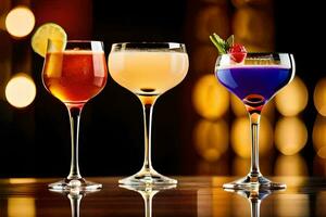 three different cocktails are shown on a table. AI-Generated photo