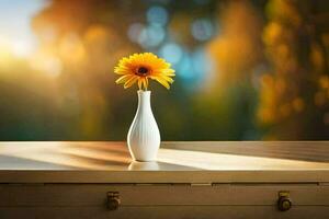 a yellow flower in a vase on a table. AI-Generated photo