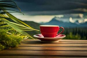 un taza de café en un de madera mesa en frente de un montaña. generado por ai foto